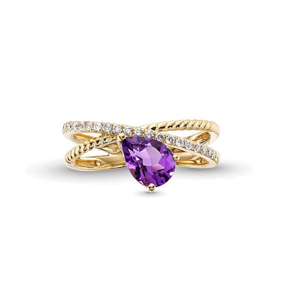 Fashion-Ring mit tropfenförmigem Amethyst und 0,2 ct. Gesamtgewicht Diamanten in 10K Gelbgold