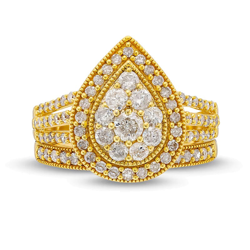 1.25 ct. Gesamtgewicht Diamant-Brautset mit tropfenförmigem Rahmen im Vintage-Stil, Tropfen- und Rundschliff, in 10K Gelbgold