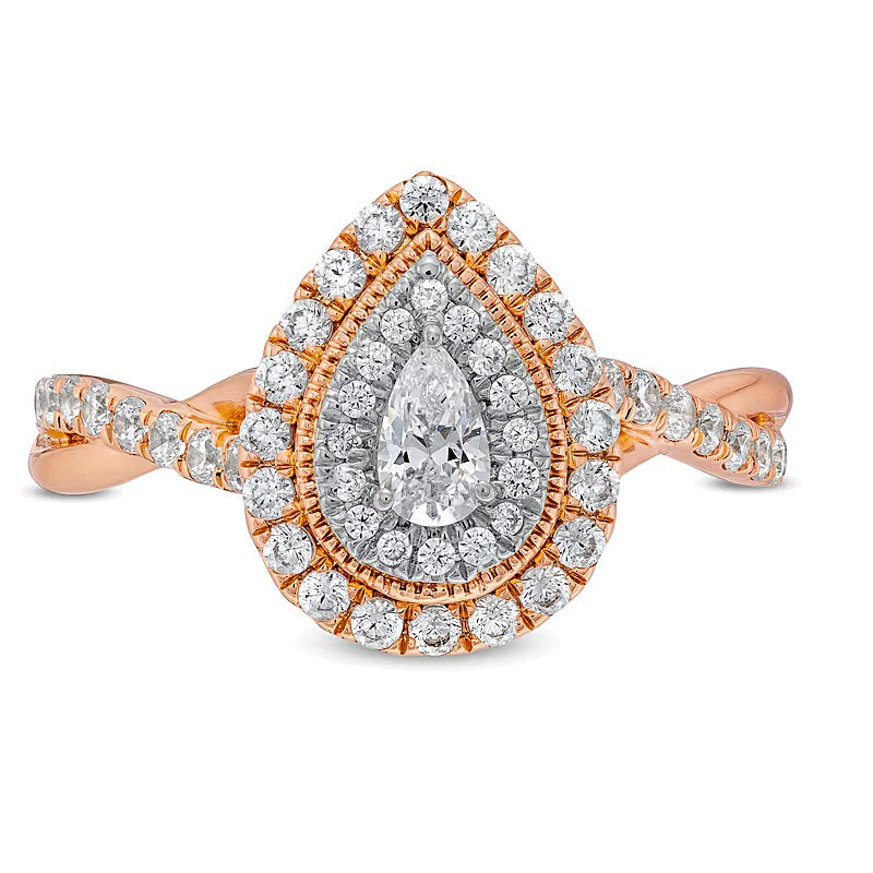 0.75 ct. Gesamtgewicht Halo-Verlobungsring mit tropfenförmigem und rundem weißem Diamant in 10K Roségold