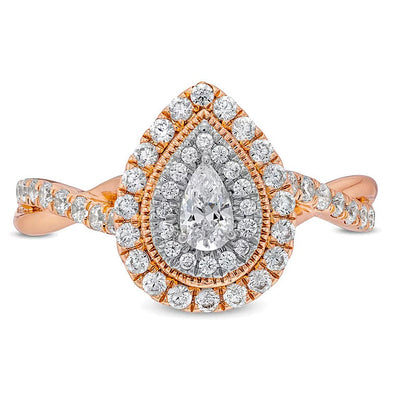 0.75 ct. Gesamtgewicht Halo-Verlobungsring mit tropfenförmigem und rundem weißem Diamant in 10K Roségold