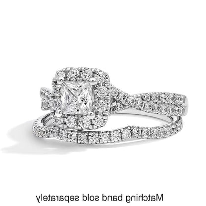1.0 CT. TW Verlobungsring mit Labordiamanten im Princess-Schliff, Halo im Kissenschliff und Crossover-Schiene in 14K Weißgold