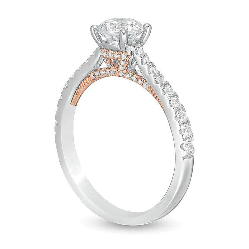 Solitär mit seitlichem Besatz Verlobungsring mit weißen runden Diamanten in 14K Bicolor-Gold für Damen