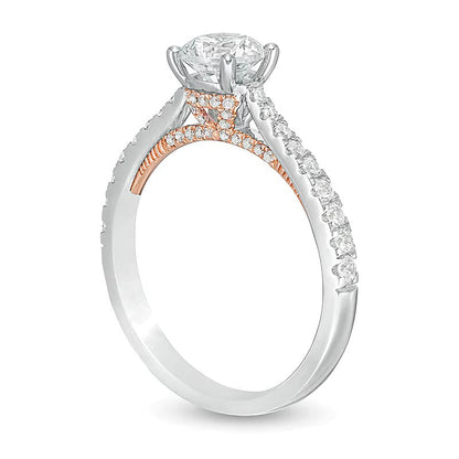 Solitär mit seitlichem Besatz Verlobungsring mit weißen runden Diamanten in 14K Bicolor-Gold für Damen