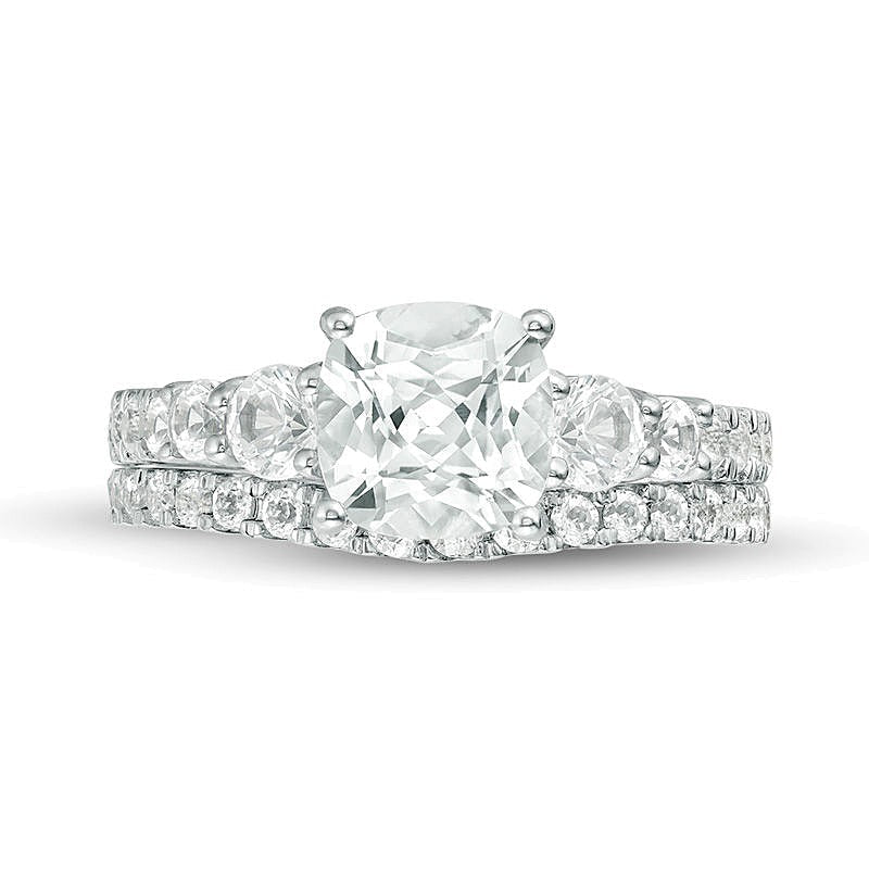 Braut-Set mit weißem Saphir im Kissenschliff 7,0mm (Labor) in rhodiniertem Sterlingsilber