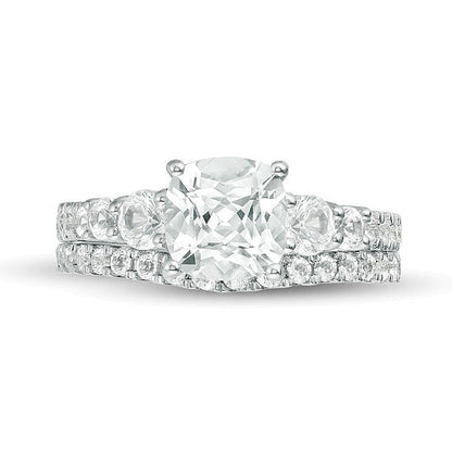 Braut-Set mit weißem Saphir im Kissenschliff 7,0mm (Labor) in rhodiniertem Sterlingsilber