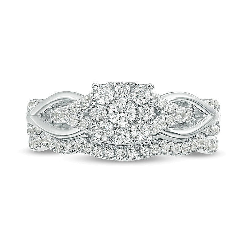 0.63 ct. Gesamtgewicht Diamant Braut-Set mit quadratischem Rahmen und Knoten-Ringschiene in 14K Weißgold