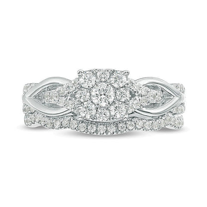 0.63 ct. Gesamtgewicht Diamant Braut-Set mit quadratischem Rahmen und Knoten-Ringschiene in 14K Weißgold