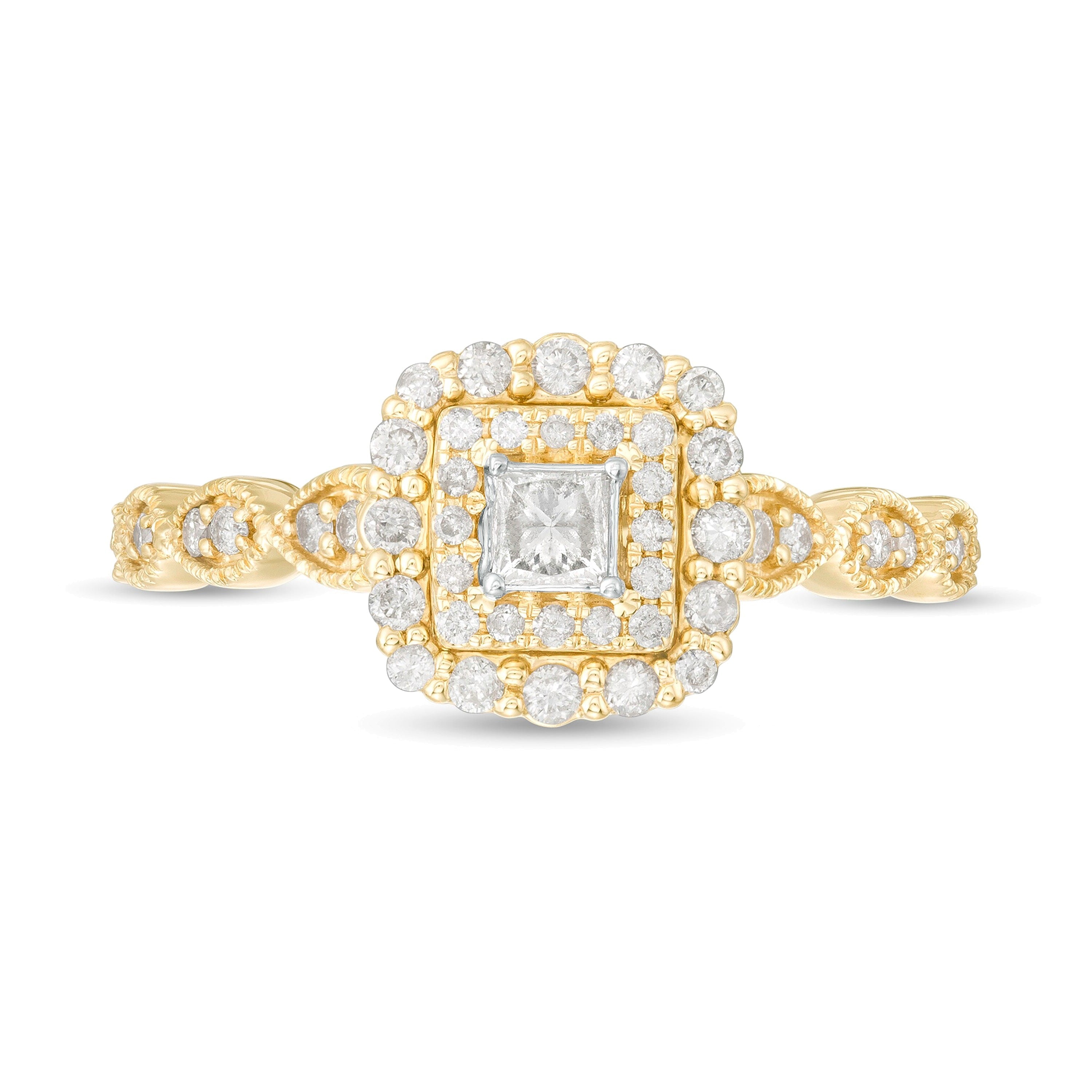 0,38 ct. Gesamtgewicht Verlobungsring mit weißen Diamanten im Princess- und Rundschliff, Halo, in 10K Gelbgold