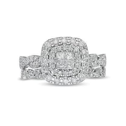 Braut-Set mit Diamanten im Princess-, Rund- und Kissenschliff, 1.0 ct. Gesamtgewicht, in 14K Weißgold