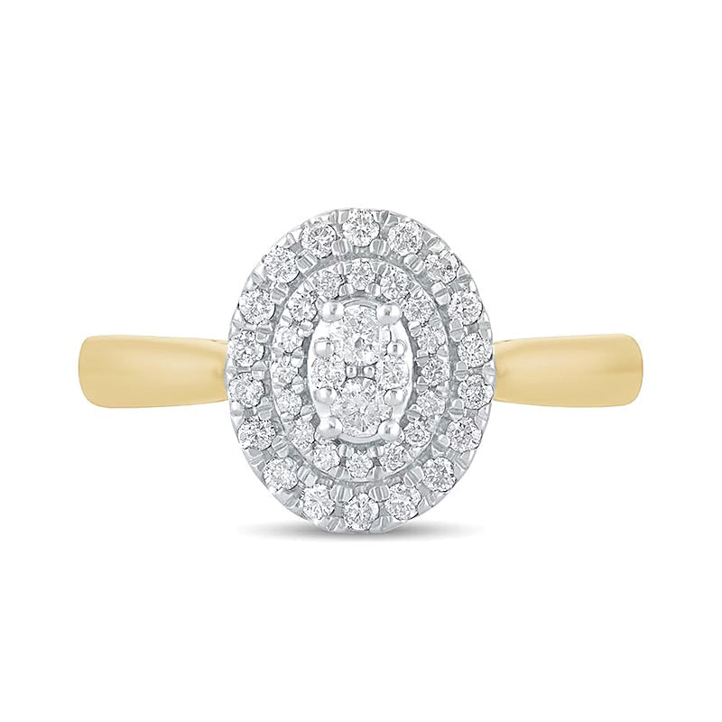 0.33 ct. Gesamtgewicht Komposit-Verlobungsring mit ovalen Diamanten und doppeltem Rahmen in 10K Gelbgold