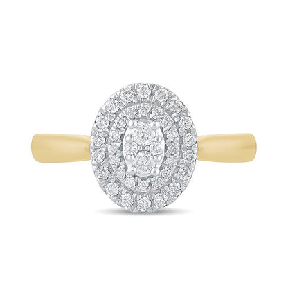 0.33 ct. Gesamtgewicht Komposit-Verlobungsring mit ovalen Diamanten und doppeltem Rahmen in 10K Gelbgold