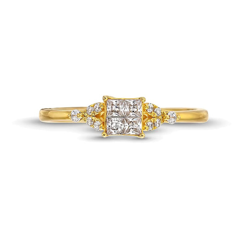 0.33 ct. Gesamtgewicht Verlobungsring mit vier weißen Diamanten im Princess-Schliff und Blatt-Seiten in 10K Gelbgold