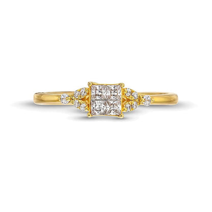 0.33 ct. Gesamtgewicht Verlobungsring mit vier weißen Diamanten im Princess-Schliff und Blatt-Seiten in 10K Gelbgold