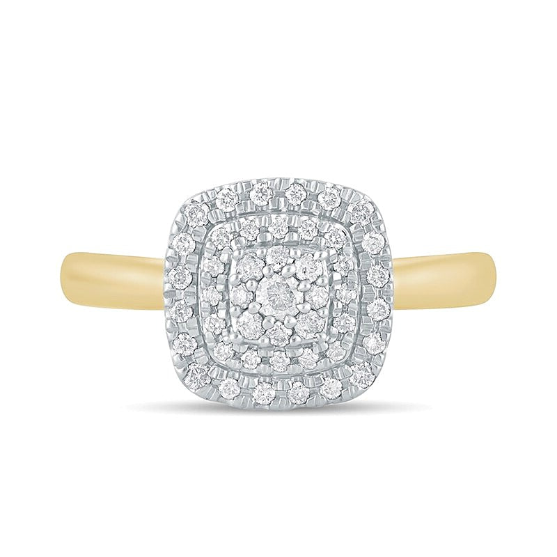 0,33 ct. Gesamtgewicht Komposit-Verlobungsring mit weißen Diamanten im Kissenschliff und runden Diamanten in doppeltem Rahmen aus 10K Gelbgold
