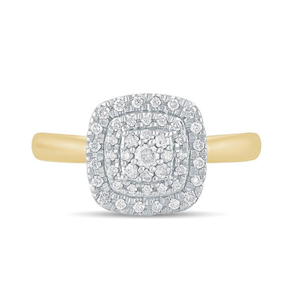 0,33 ct. Gesamtgewicht Komposit-Verlobungsring mit weißen Diamanten im Kissenschliff und runden Diamanten in doppeltem Rahmen aus 10K Gelbgold