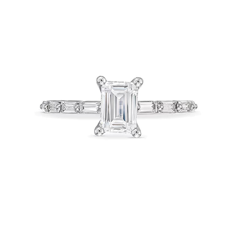 1.5 CT. Gesamtgewicht Labordiamant im Smaragdschliff Solitär mit seitlichem Besatz in 14K Weißgold (F/VS2)