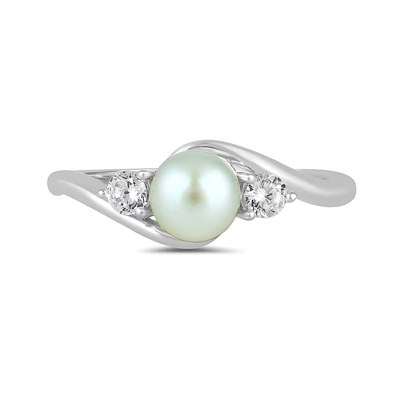 6,0 mm Süßwasser-Zuchtperle und Labordiamant mit 0,2 ct. Gesamtgewicht Dreistein-Bypass-Ring in 14K Weißgold