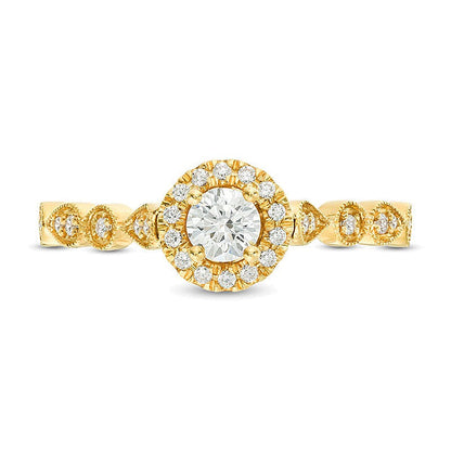 0.38 ct. Gesamtgewicht Diamant Halo Verlobungsring im Vintage-Stil in 14K Gelbgold