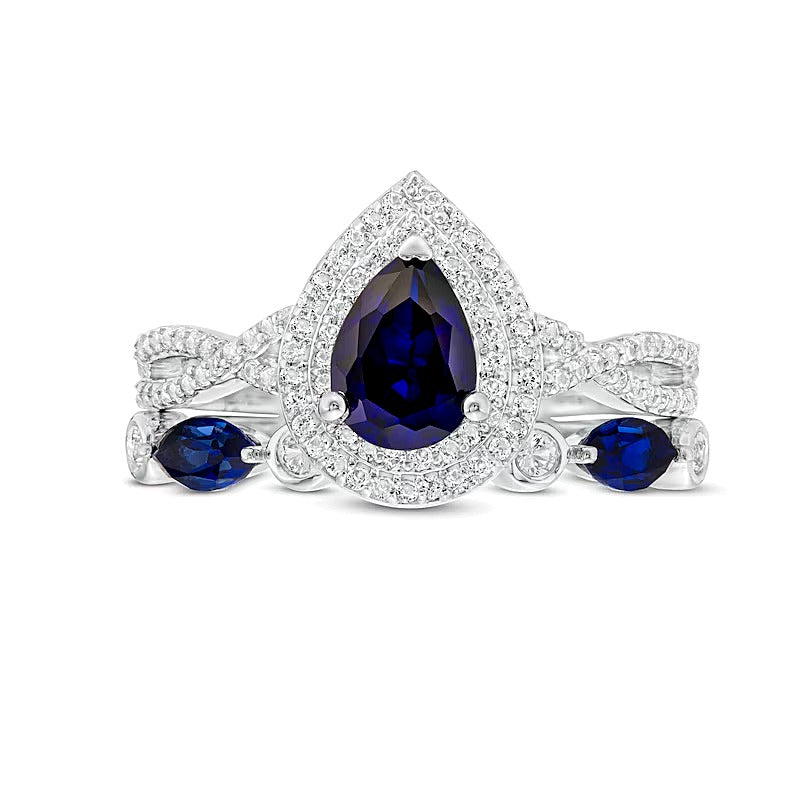Braut-Set mit tropfenförmigem blauen Saphir und Saphir im Marquise-Schliff (im Labor gezüchtet) in rhodiniertem Sterlingsilber
