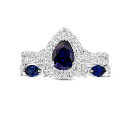 Braut-Set mit tropfenförmigem blauen Saphir und Saphir im Marquise-Schliff (im Labor gezüchtet) in rhodiniertem Sterlingsilber