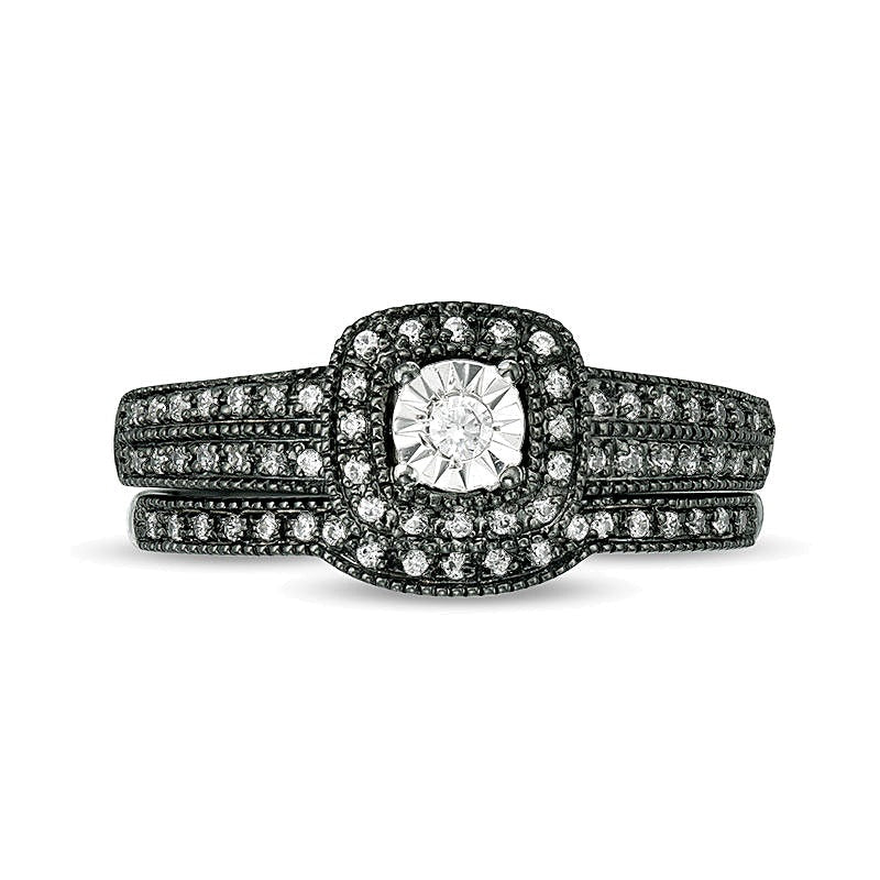 0.2 ct. Gesamtgewicht Diamant Brautset im Vintage-Stil mit Kissenschliff-Rahmen in 10K Weißgold mit schwarzem Rhodium