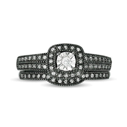0.2 ct. Gesamtgewicht Diamant Brautset im Vintage-Stil mit Kissenschliff-Rahmen in 10K Weißgold mit schwarzem Rhodium