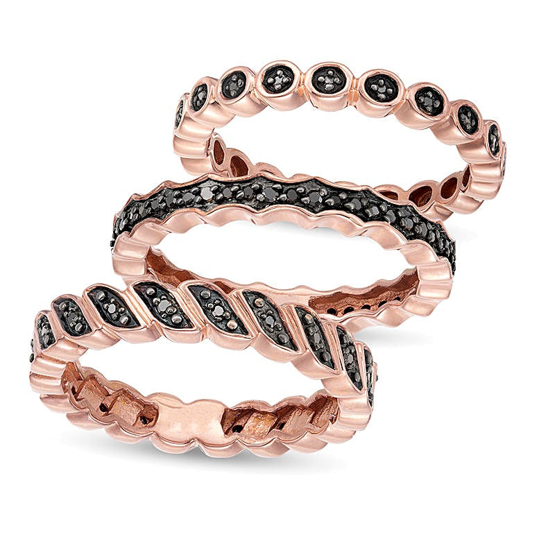 0,25 ct. Gesamtgewicht schwarzer Diamant Stackable Ring-Set aus Sterlingsilber mit 14K Roségold-Auflage