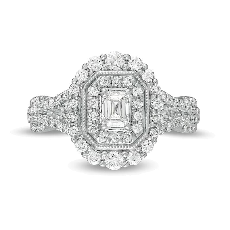 Verlobungsring im Vintage-Stil mit Diamant im Smaragdschliff 1.0 ct. Gesamtgewicht und doppeltem achteckigem Rahmen mit geteilter Schiene in 14K Weißgold