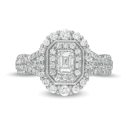 Verlobungsring im Vintage-Stil mit Diamant im Smaragdschliff 1.0 ct. Gesamtgewicht und doppeltem achteckigem Rahmen mit geteilter Schiene in 14K Weißgold