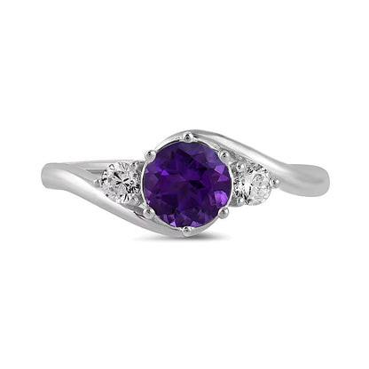 6,0mm Amethyst und Labordiamant mit 0,2 ct. Gesamtgewicht Dreistein-Bypass-Ring in 14K Weißgold