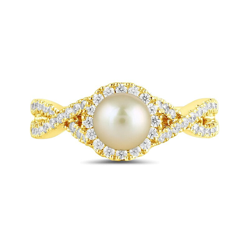 6,0mm rosa Süßwasser-Zuchtperle und 0,5 ct. Gesamtgewicht Labordiamant Ring mit Crossover-Schiene in 14K Gelbgold