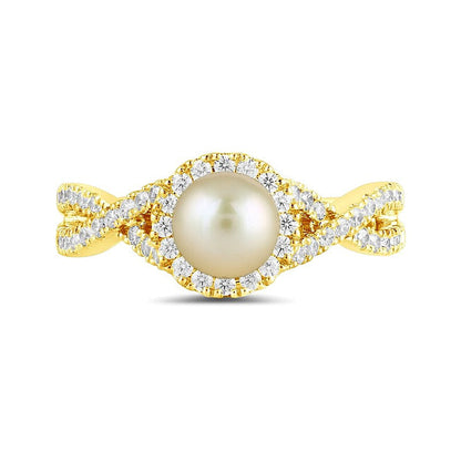 6,0mm rosa Süßwasser-Zuchtperle und 0,5 ct. Gesamtgewicht Labordiamant Ring mit Crossover-Schiene in 14K Gelbgold