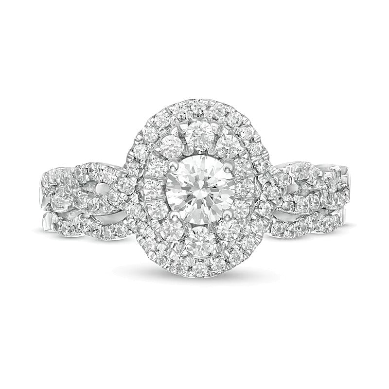 Braut-Set mit Diamanten in rund und oval, 1.0 ct. Gesamtgewicht, doppeltem ovalem Rahmen und gedrehter Ringschiene in 10K Weißgold