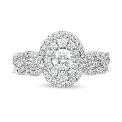 Braut-Set mit Diamanten in rund und oval, 1.0 ct. Gesamtgewicht, doppeltem ovalem Rahmen und gedrehter Ringschiene in 10K Weißgold
