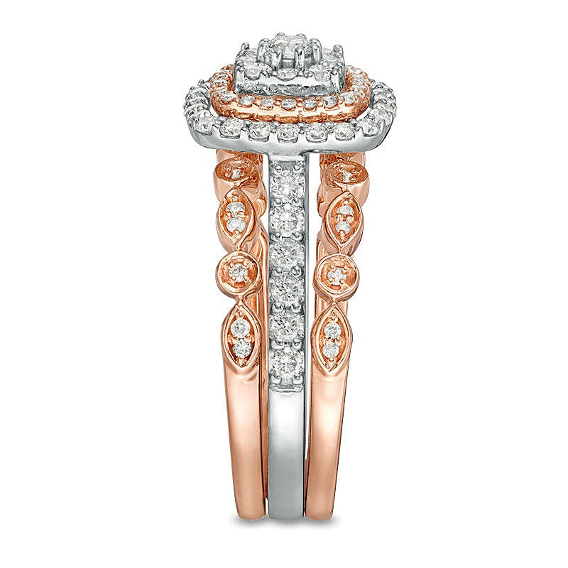 0.88 ct. Gesamtgewicht Komposit-Diamant Braut-Set im Art-déco-Vintage-Stil mit doppeltem Kissenschliff-Rahmen aus 14K Two-Tone Gold