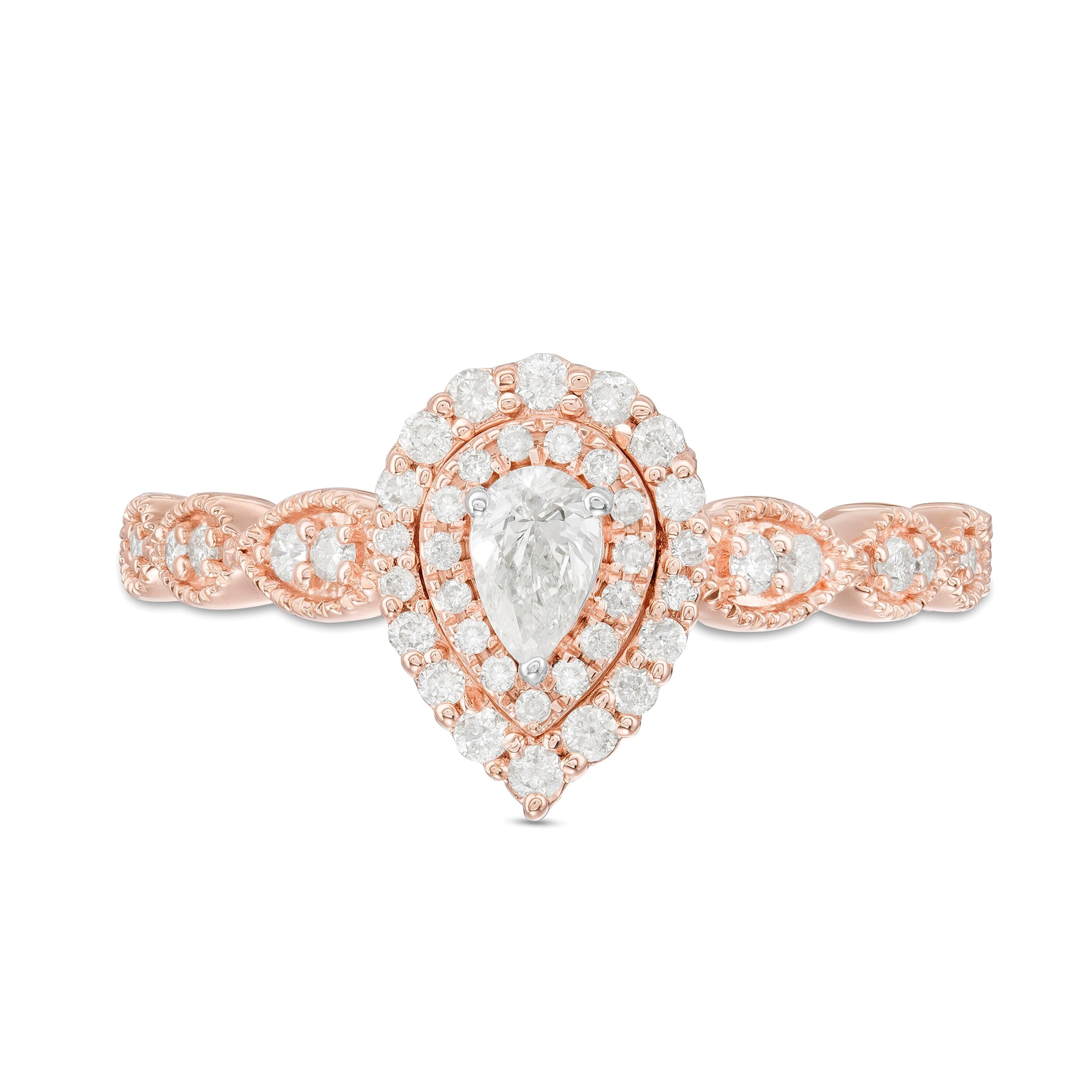 0,38 ct. Gesamtgewicht Verlobungsring mit weißen Diamanten im Tropfen- und Rundschliff und Halo in 10K Roségold