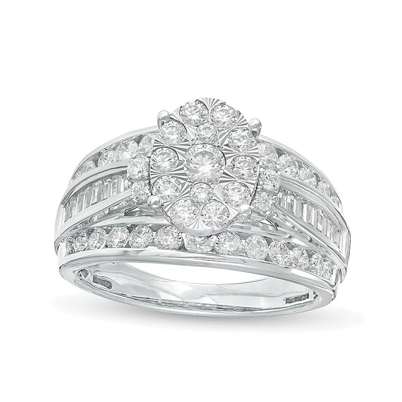 Verlobungsring 1.5 ct. Gesamtgewicht mit Komposit-Diamanten in oval und Baguette, mehrreihig, in 10K Weißgold