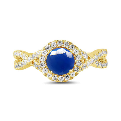 6,0mm blauer Saphir und Labordiamant 0,5 ct. Gesamtgewicht Fashion-Ring mit Halo und Crossover-Schiene in 14K Gelbgold