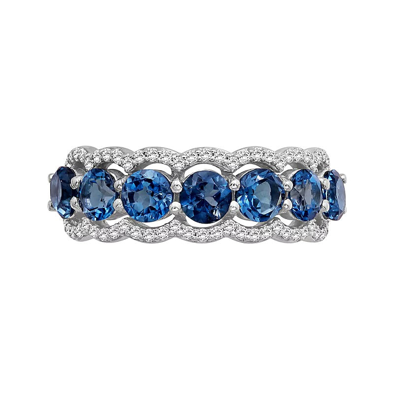 4,0mm London Blue Topas und weißer Zirkon Fashion-Ring mit sieben Steinen aus rhodiniertem Sterlingsilber