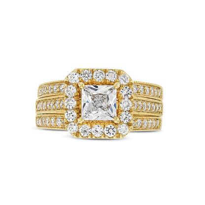 Braut-Set mit Labordiamanten im Princess-, Rund- und Kissenschliff 2.0 ct. Gesamtgewicht in 14K Gelbgold (F/VS2)