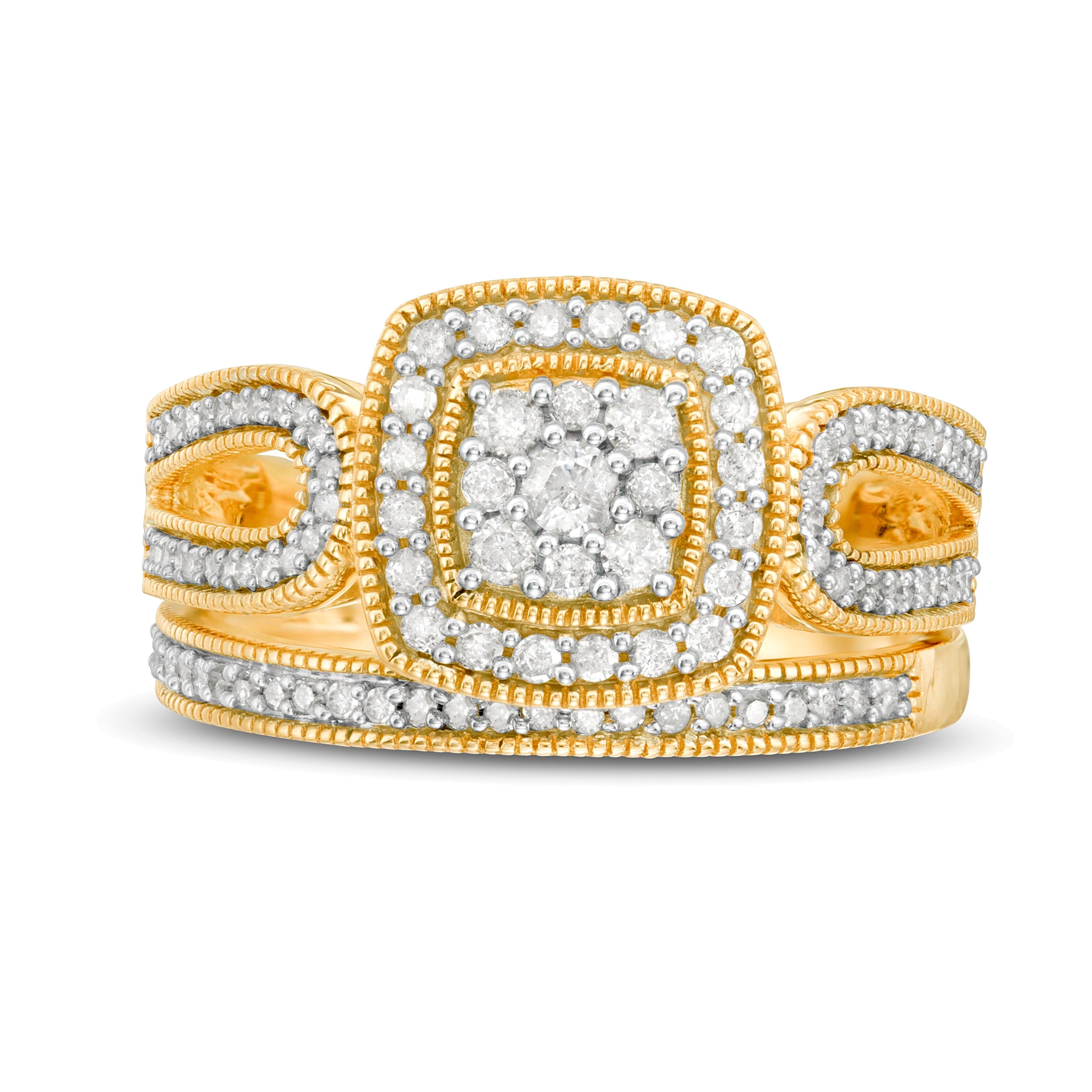 Braut-Set mit Diamanten im Kissenschliff und rund, Vintage-Stil, 0.5 ct. Gesamtgewicht, 10K Gelbgold für Damen