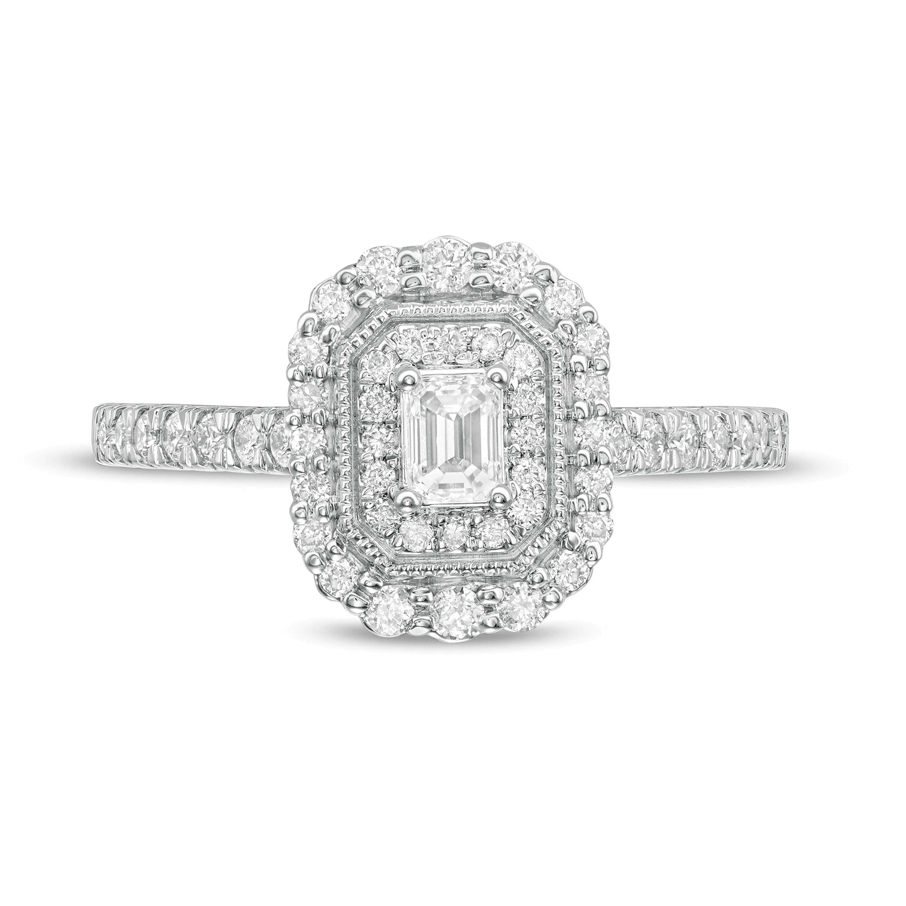 0.63 ct. Gesamtgewicht Verlobungsring im Vintage-Stil mit Diamant im Smaragdschliff und doppeltem achteckigem Rahmen in 10K Weißgold