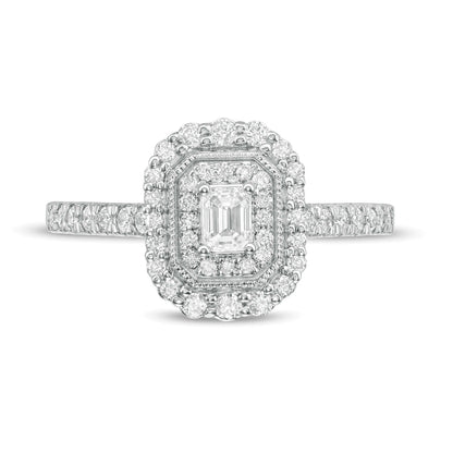 0.63 ct. Gesamtgewicht Verlobungsring im Vintage-Stil mit Diamant im Smaragdschliff und doppeltem achteckigem Rahmen in 10K Weißgold