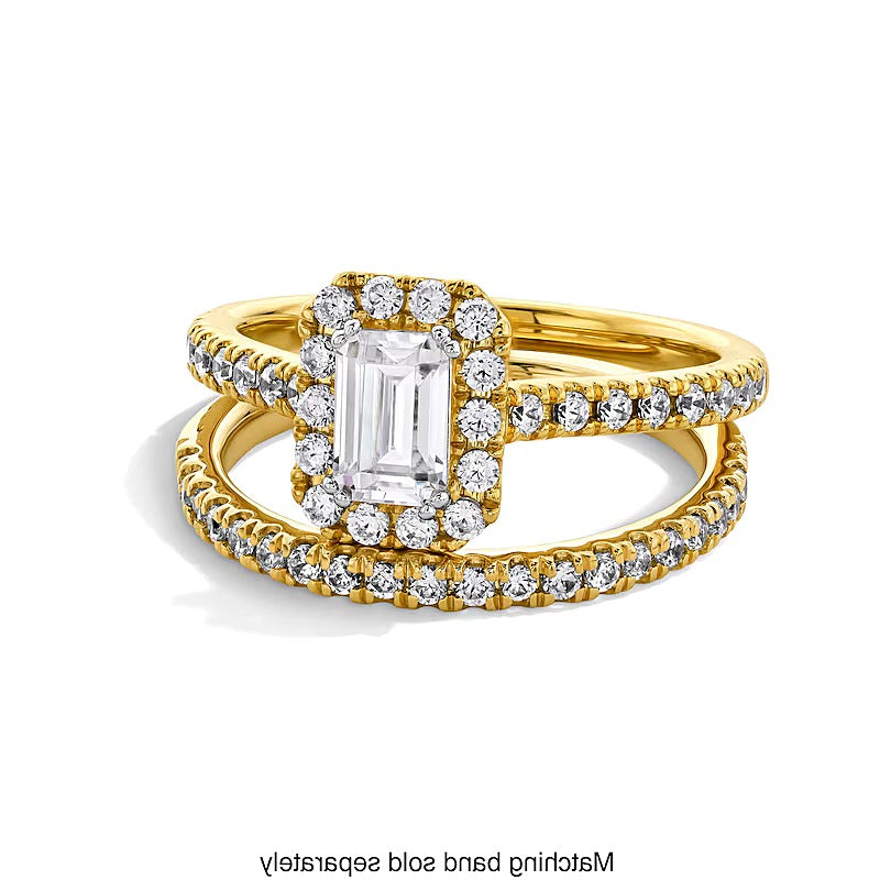 Verlobungsring mit Labordiamanten im Smaragdschliff 1.0 ct. Gesamtgewicht, Halo, in 14K Gelbgold (F/SI2)