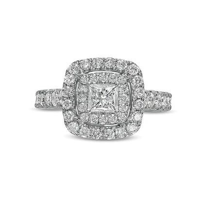 1.5 CT. Gesamtgewicht Halo-Verlobungsring mit Diamanten im Princess- und Rundschliff in 14K Weißgold (I/I2)