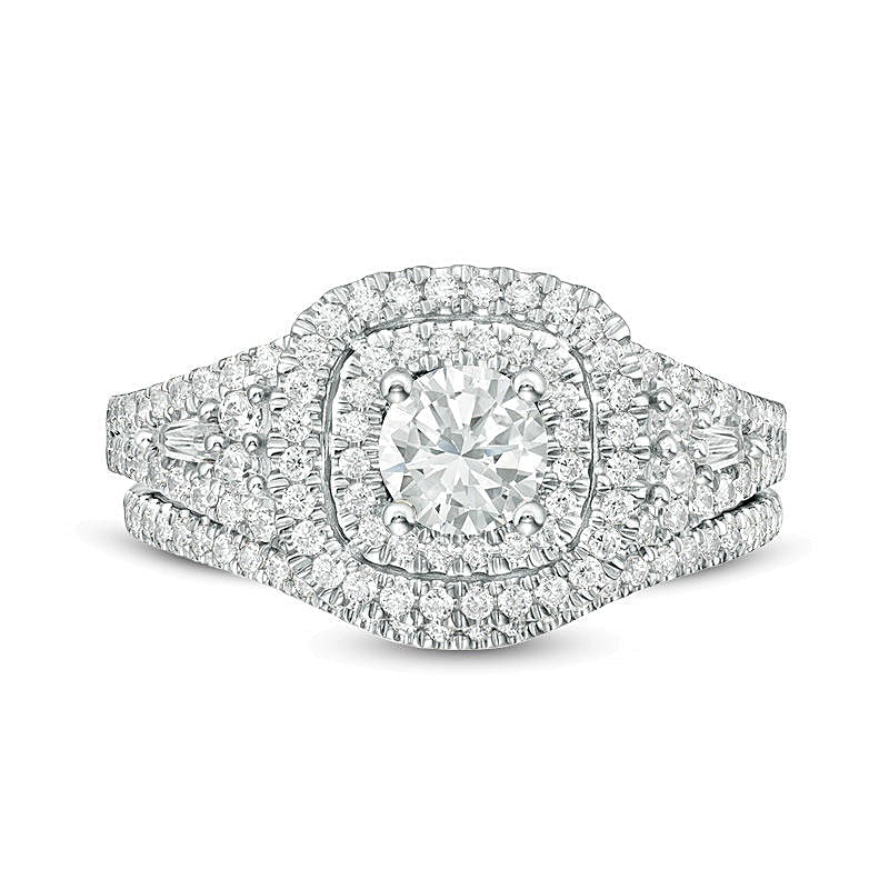 1.2 ct. Gesamtgewicht Diamant Brautset mit doppeltem Kissenschliff-Rahmen in 14K Weißgold