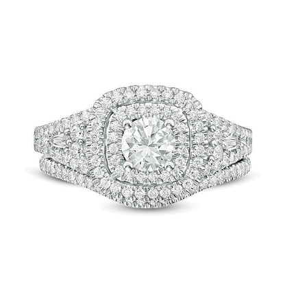 1.2 ct. Gesamtgewicht Diamant Brautset mit doppeltem Kissenschliff-Rahmen in 14K Weißgold