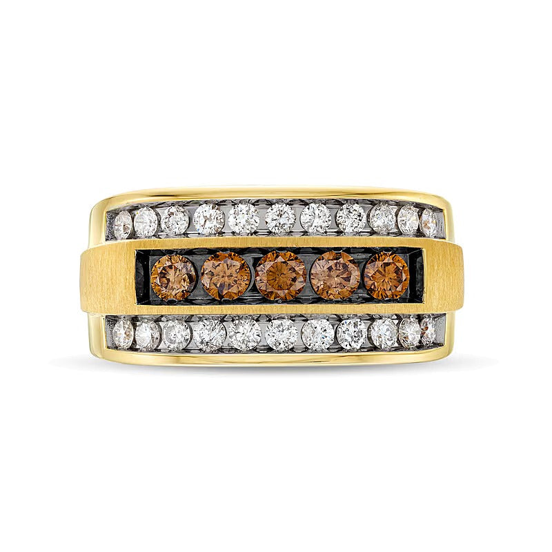 1.25 CT. Gesamtgewicht Ring mit Champagner- und weißen Diamanten im Fünfstein-Design, erhöht, in 10K Gelbgold