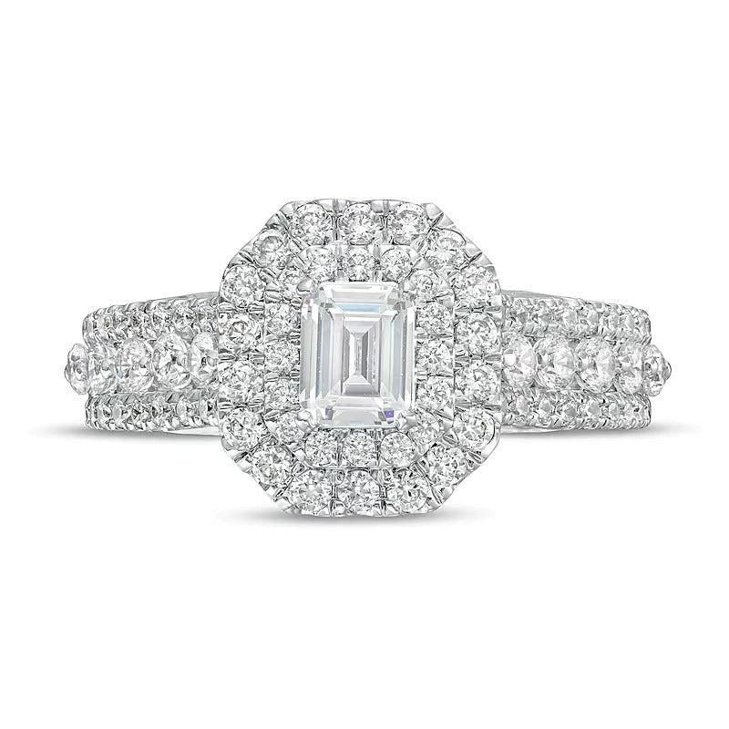 1.5 CT. Gesamtgewicht Labordiamant im Smaragdschliff Halo-Verlobungsring aus 14K Weißgold (F/VS2)