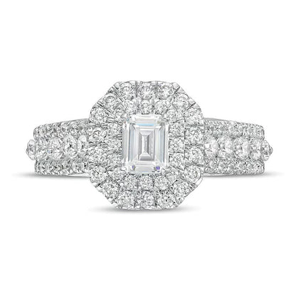1.5 CT. Gesamtgewicht Labordiamant im Smaragdschliff Halo-Verlobungsring aus 14K Weißgold (F/VS2)